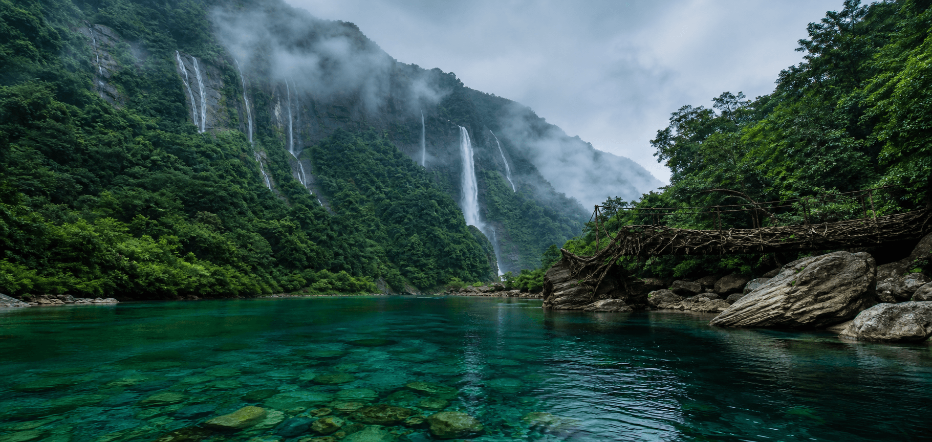 Meghalaya green mountains, waterfalls, clouds, and Dawki River